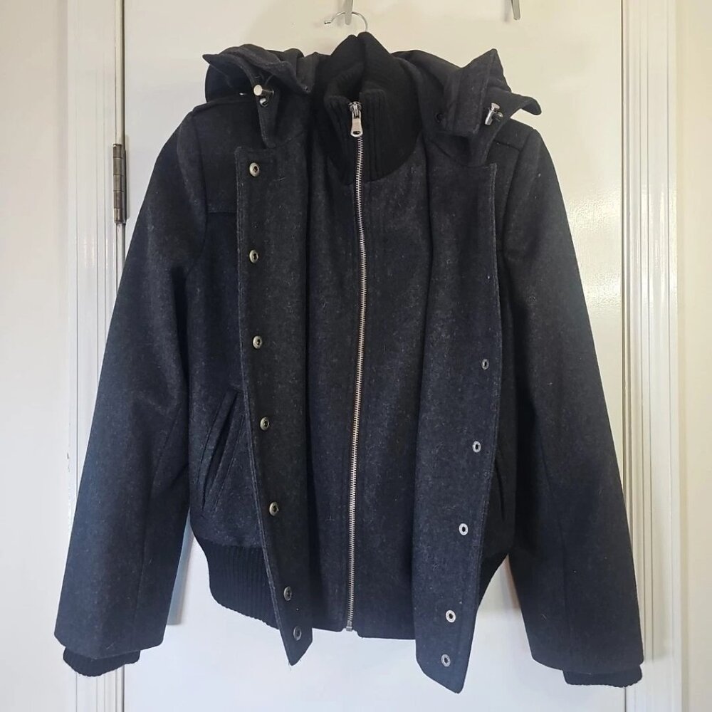 New York & Company Black/Gray Hooded Zip Front Wool Blend Bomber Jacket-Size: 2